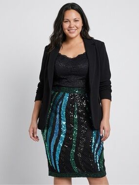 River Island Black Sequin Pencil Skirt with Blue & Green Stripes US Size 12